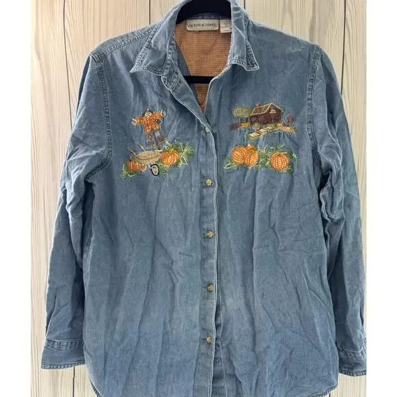Vintage Victoria Jones Button Up  Long Sleeves Autumn/Fall Jean Shirt (READ) - Picture 2 of 9